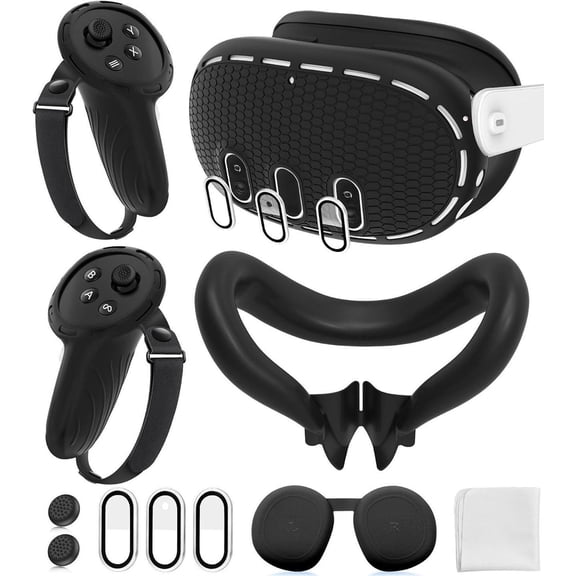 Silicone Cover Set Compatible with Oculus/Meta Quest 3 Accessories, Touch Controller Grips Cover, VR Shell Cover, Facial Interface Cover, Protective Lens Cover, Tempered Glass Lens Caps