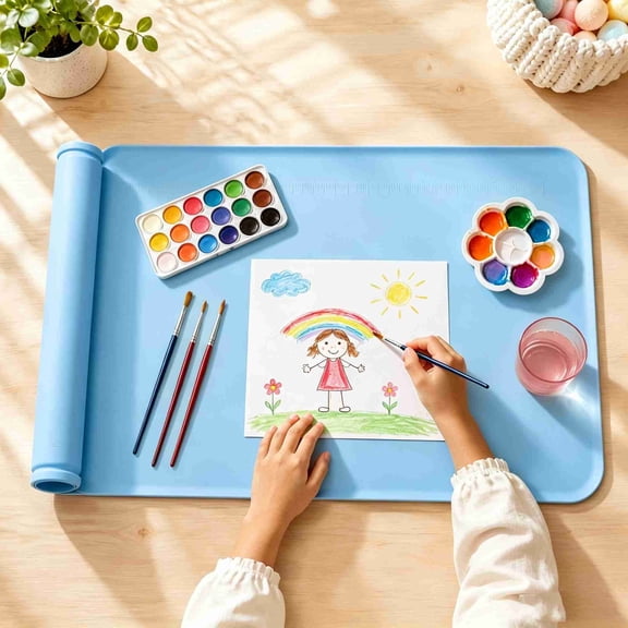 Silicone Craft Art Mat, 24"x16" Non-Slip Leakproof Painting Mat with Measurement Scale, Sky Blue