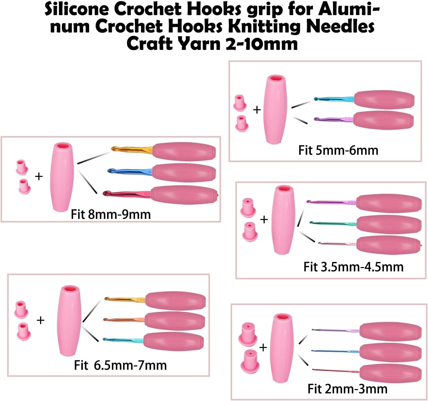 Silicone Crochet Hook Grip Multiple-Size Ergonomic Crochet Handle Interchangeable Crochet Hook Sleeve with Stitch Markers, Pink, 2mm-10mm