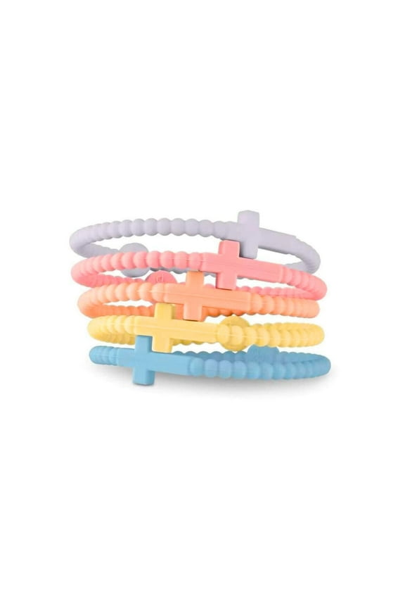 Silicone Cross Bracelet Bright 5 Pack Bulk Summer Light Purple, Yellow, Teal, Peach Stretchable Church Women Teenagers Boutique Jesus Trendy