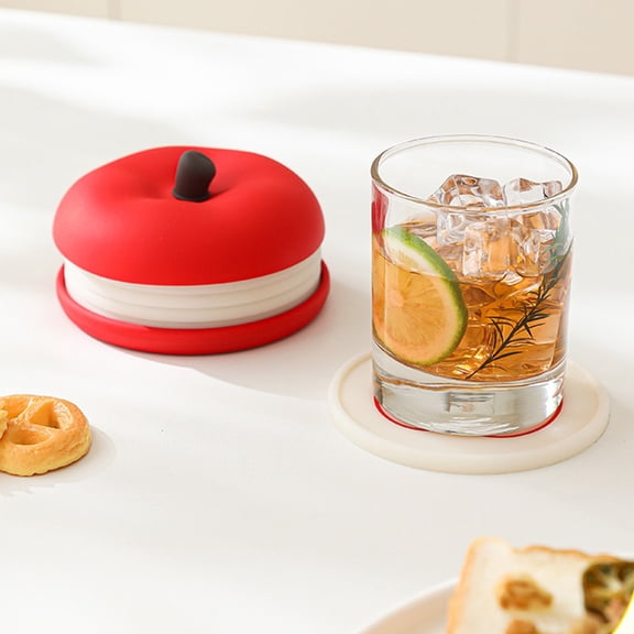 Silicone Cup Mat, Apple Shaped Coaster, Heat Resistant Desk Protector for Coffee Mugs and Tea Cups, Multi-Layer Insulation Pad with Storage Box