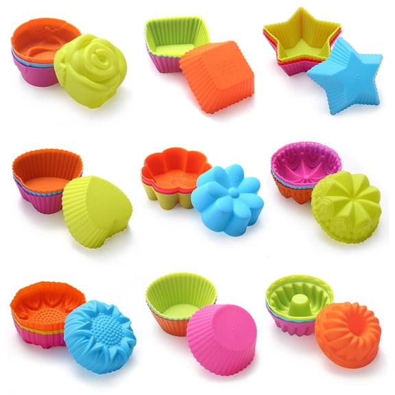 Silicone Cupcake Liners Reusable Baking Cups Pack of 36 Colorful Reusable 9 Shapes Silicone Mini Cupcake Molds, Nonstick Muffin Baking Cups Cupcake Liners Candy Molds Set DIY Cake Tools