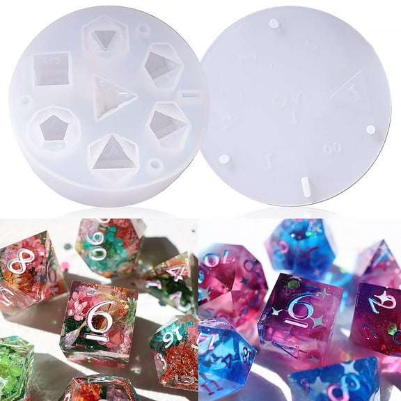 Silicone Dice Molds for Resin, 7 Piece Polyhedral Dice Mold Set for DND Dice Making, Epoxy Resin Casting Molds with D4 D6 D8 D10 D12 D20 Cavities, DIY Craft Tool for Tabletop Board Games