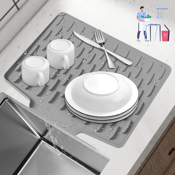 Silicone Dish Drying Mat, 2025 Upgraded Drying Matt Kitchen Counter, Faucet Dish Drainer Mat, Heat Resistant Non-Slip Drain Pad 16 x 12 inch (Gray, Standard)