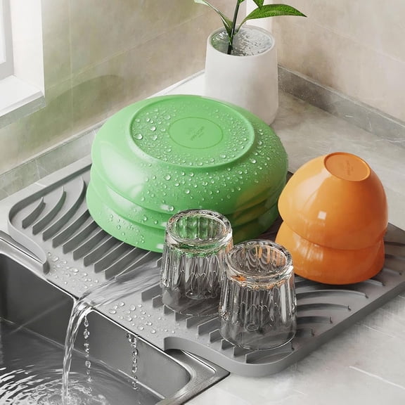 Silicone Dish Drying Mat for Kitchen Counter, Sloped Dish Drainer Mat with Drainage Ridges Grooves, Reliable Support, Non-Slip, Portable, Grey, 14.6" x 11.8"