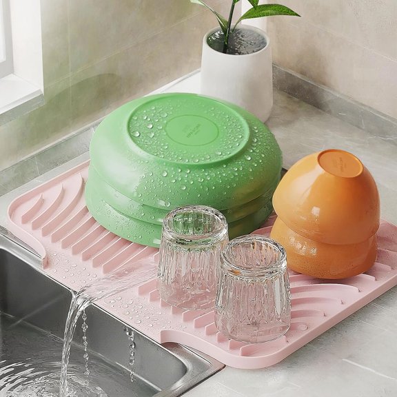 Silicone Dish Drying Mat for Kitchen Counter, Sloped Dish Drainer Mat with Drainage Ridges Grooves, Reliable Support, Non-Slip, Portable, Pink, 14.6" x 11.8"