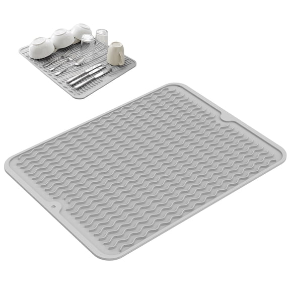 Silicone Dish Drying Mat, Fast Drying with Raised Edge, Multifunctional Heat Insulation & Anti-Slip Pad, Rollable, Easy to Clean, Gray (15.6"x11.8")