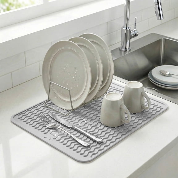 Silicone Dish Drying Mat, Fast Drying with Raised Edge, Multifunctional Heat Insulation & Anti-Slip Pad, Rollable, Easy to Clean, Gray (15.6"x11.8")