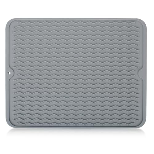 Silicone Dish Drying Mat,Non-Slip Easy Clean,Heat-resistant Silicone Mat for Kitchen Counter or Sink,Refrigerator or Drawer Liner Grey 16 inches x 12 inches