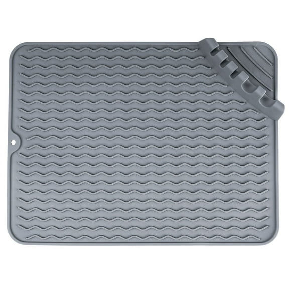 15.5"×11.7" Silicone Dish Drying Mat with Built-In Knife Rack – Eco-Friendly, Heat-Resistant Trivet, Easy-Clean Kitchen Counter & Drawer Liner, Gray