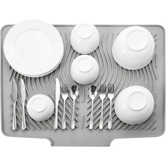 Silicone Dish Drying Mat with Drain Grooves, Quick Dry Kitchen Sink Pad & Counter Protector for Drawer Liner, Easy Clean Heat Resistant 14.7" x 10.2"