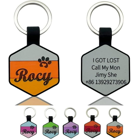Silicone Dog Tags Personalized Double-Sided Engraved Pet ID Tags Rubber Lightweight Waterproof Silent No Rust Custom Name & Phone Number for Dogs Cats Hexagon Colorful Fashion Collar Decor
