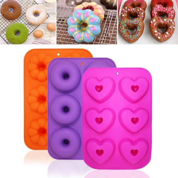 Silicone Donut Molds Round Heart Flower, 3-Pack of Non-Stick Food Grade Silicone Pans for Donut Baking - Purple,Pink,Orange