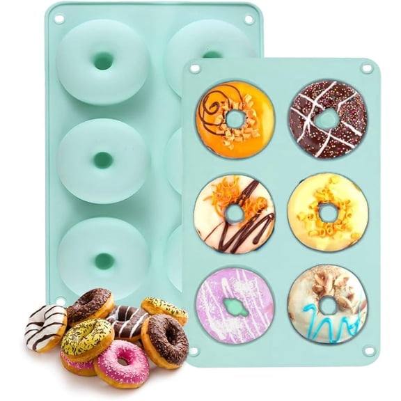 Silicone Donut Pan, Non-Stick Mold, Donut Mold for 6 Full-Size Baking Perfect Shaped Doughnuts - Cake Biscuit Bagels 2Pcs (Mint Green)