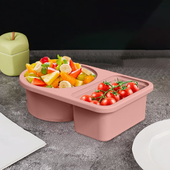 Silicone Double-Compartment Snack Container - Leak-Proof Lid, Portable for Sauces/Seasonings, Orange-Pink