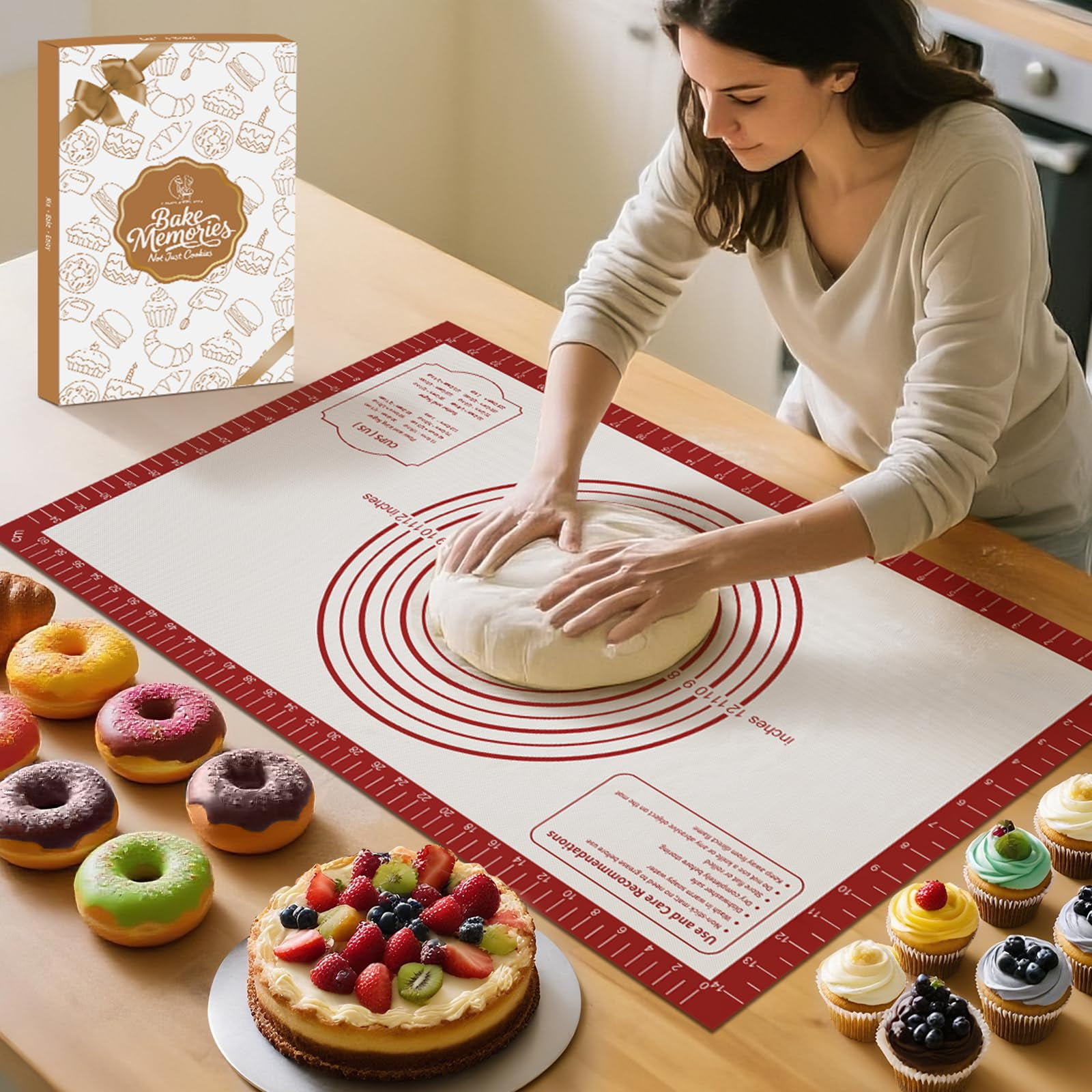 Silicone Dough Rolling Mat, Non Stick Pastry Sheet for Baking Fondant Pie Crust, Non-Slip Countertop Oven Liner with Measurements, Perfect for Cookies Macarons Bread, Extra Large, Red