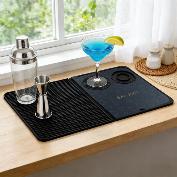 Silicone Draining Mat for Bar Counter with Non-Slip , Drainage Grooves, Heat Resistant and Easy-Clean Drying Mat for Glassware and Utensils