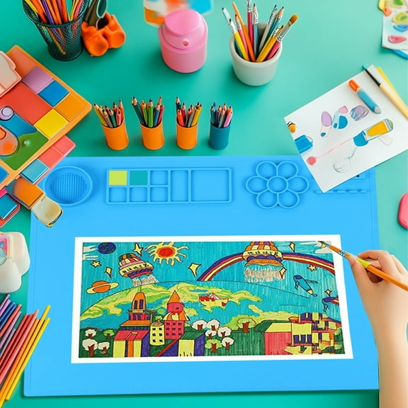 Silicone Drawing Board | Oil Painting Mat & Art Pad | Reusable Erasable Washable | Nonstick Surface for Painting Modeling Clays Doodling | Hexagonal Palette | 20x16in | 1 Piece Red/Blue Portable