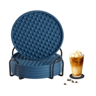 Silicone Drink Coasters with Metal Holder, 6 Pcs Cup Coaster for Drinks - Absorbs Moisture and Prevents Table Damage, Black Silicone Coaster with Non-Slip Bottom for Drinking Glasses(Blue)