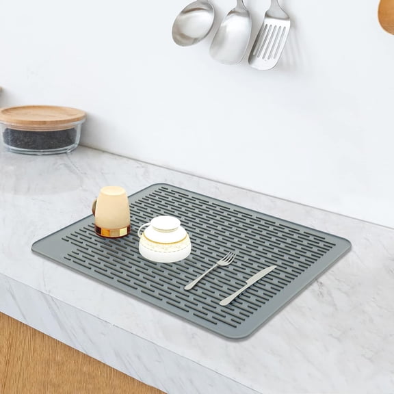 Silicone Drying Mat, 18” x 16”, Dish Drying Mat, Large Dish Drainer Mat for Kitchen Counter, Heat Resistant Hot Pot Holder, Non-Slip Silicone Sink Mat, BPA Free, Dish Washer Safe, Gray