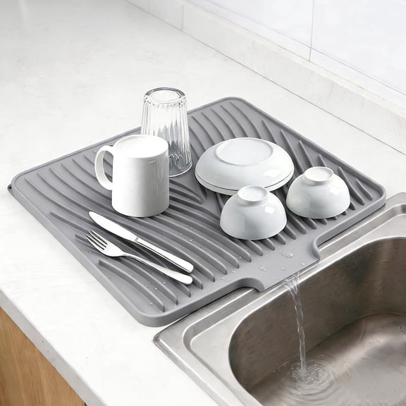 Silicone Drying Mat, 23"X17" With Built-in Drain Lip,Heat-Resistant,Eco-friendly,Hygienic Drying Pad,Leak-Proof and Non-Slip,Silicone Dish Drying Mat for Kitchen Counter or Sink（Black 23X17）