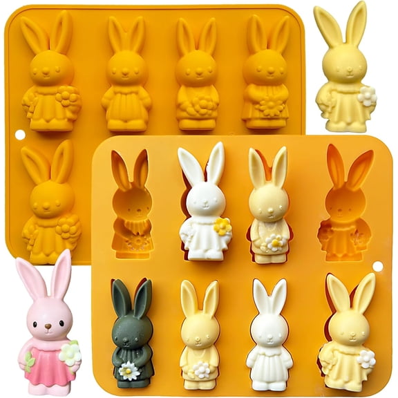 Silicone Easter Bunny Chocolate Mold Set, 2 Pack Large 3D Candy Baking Molds for Jello, Soap, Hot Chocolate Bombs, Ice Cubes, Candles, Cupcake Toppers