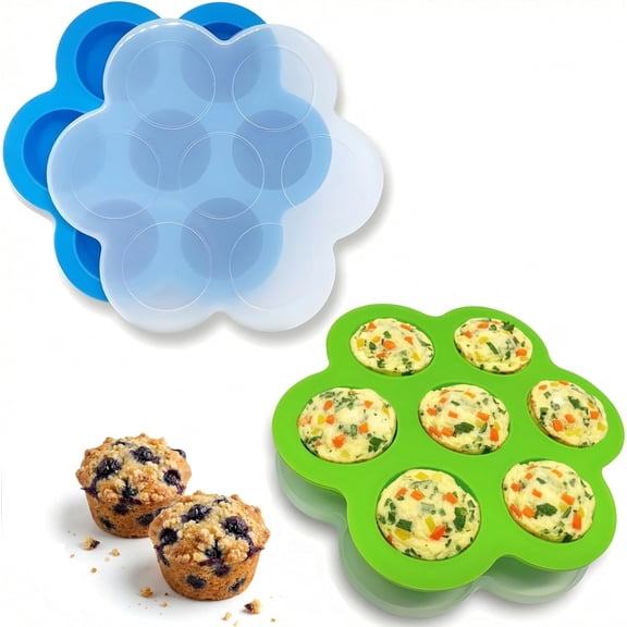 Silicone Egg Bite Molds [2 Pack] Instant Pot Accessories - Total 14 Cups Muffin Pan for Baking - Food Freezer Tray with Lid - Reusable Storage Container (Blue & Green - Egg Bite Mold)