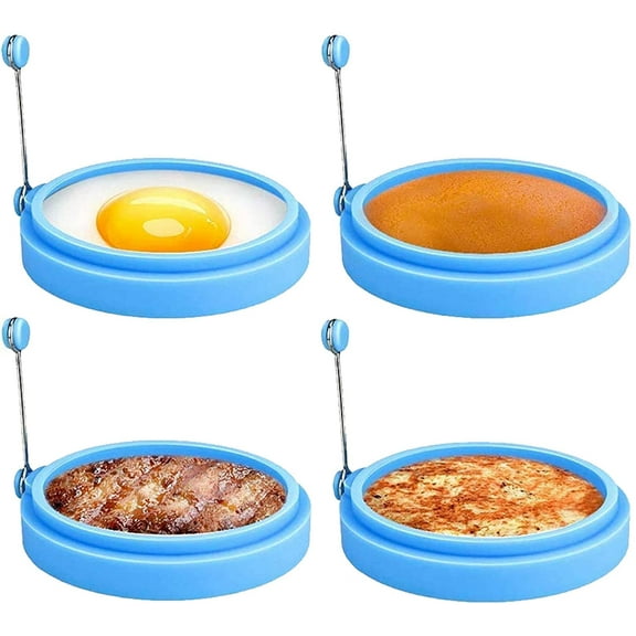 Silicone Egg Rings, 4 Inch Food Grade Egg Cooking Rings, Non Stick Fried Egg Ring Mold, Pancake Breakfast Sandwiches, Egg Mcmuffin Ring(Blue,4Pack)