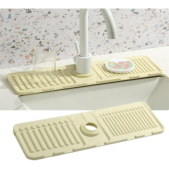 Silicone Faucet Drip Catcher Mat, 2024 New Kitchen Sink Splash Guard Silicone Draining Mat Fast Drying Stone Sink Tray, Silicone Mat Sink (off-white)