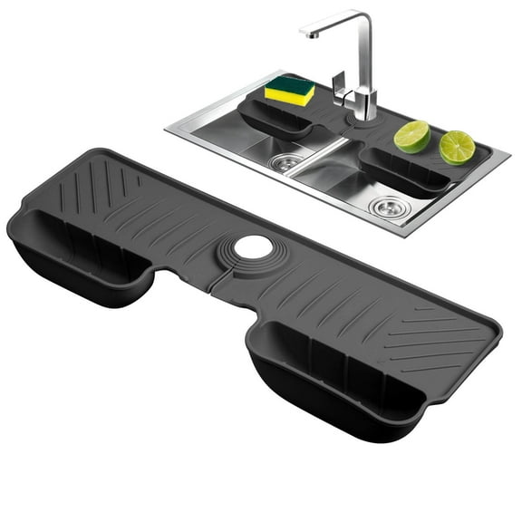 Silicone Faucet Handle Drip Catcher Tray Mat, Silicone Faucet Mat with 2 Pcs Sponge Holder for Kitchen Sink Accessories Gadgets Drying Mat for Bathroom Counter Sink Splash Guard Dark Black