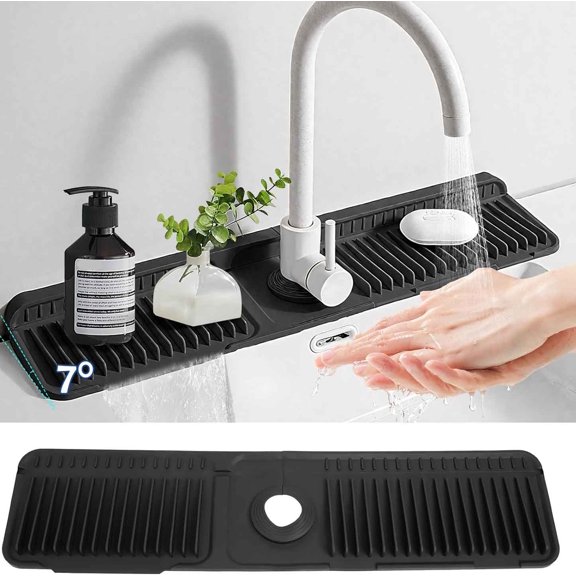 Silicone Faucet Mat For Kitchen Sink Splash Guard with Slope Snap Lock, Black