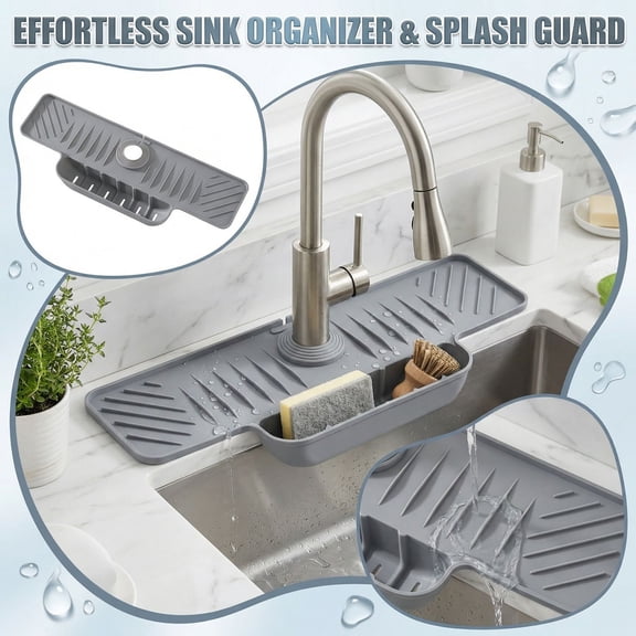 Silicone Faucet Mat with Sponge Holder Sink Splash Guard Faucet Draining Mat for Kitchen Bathroom Slope Split-flow Drainage Sink Dry and Tidy Organizer Gray