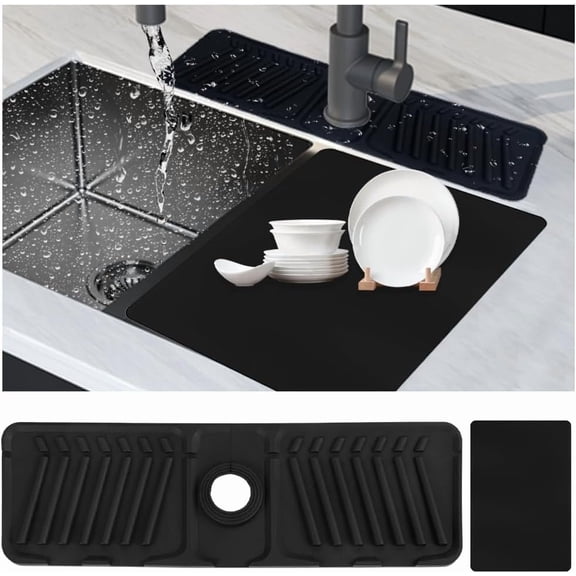 Silicone Faucet Mat,Upgraded Kitchen Sink Splash Guard, 7°slope Anti-Slip Silicone Faucet Handle Drip Catcher Tray 17.5"*5.7" Sink Protector for Kitchen Bathroom Farmhouse & RV Accessories