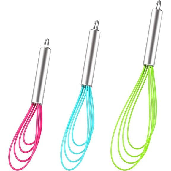 Silicone Flat Whisk Set of 3, Heat Resistant Kitchen Whisks for Non-stick Cookware, Egg Beater Perfect Blending, Whisking, Beating, Frothing & Stirring -