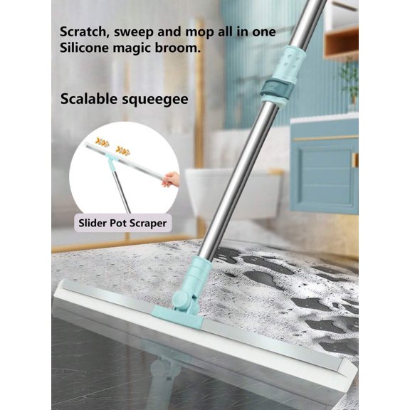 Silicone Floor Squeegee with Long Handle, Telescoping Magic Broom for Bathroom and Glass Window Cleaning, Water and Pet Hair Removal Mop, Wet and Dry Surface Cleaning Tool, Blue