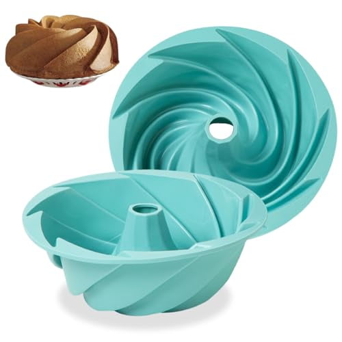 Silicone Fluted Pans,2PCS Non-stick Bundt Pan Baking Molds,Perfect Bakeware for Cake,Jello,Gelatin,Bread,Para Gelatinas,9.5 Inch (BLUE)