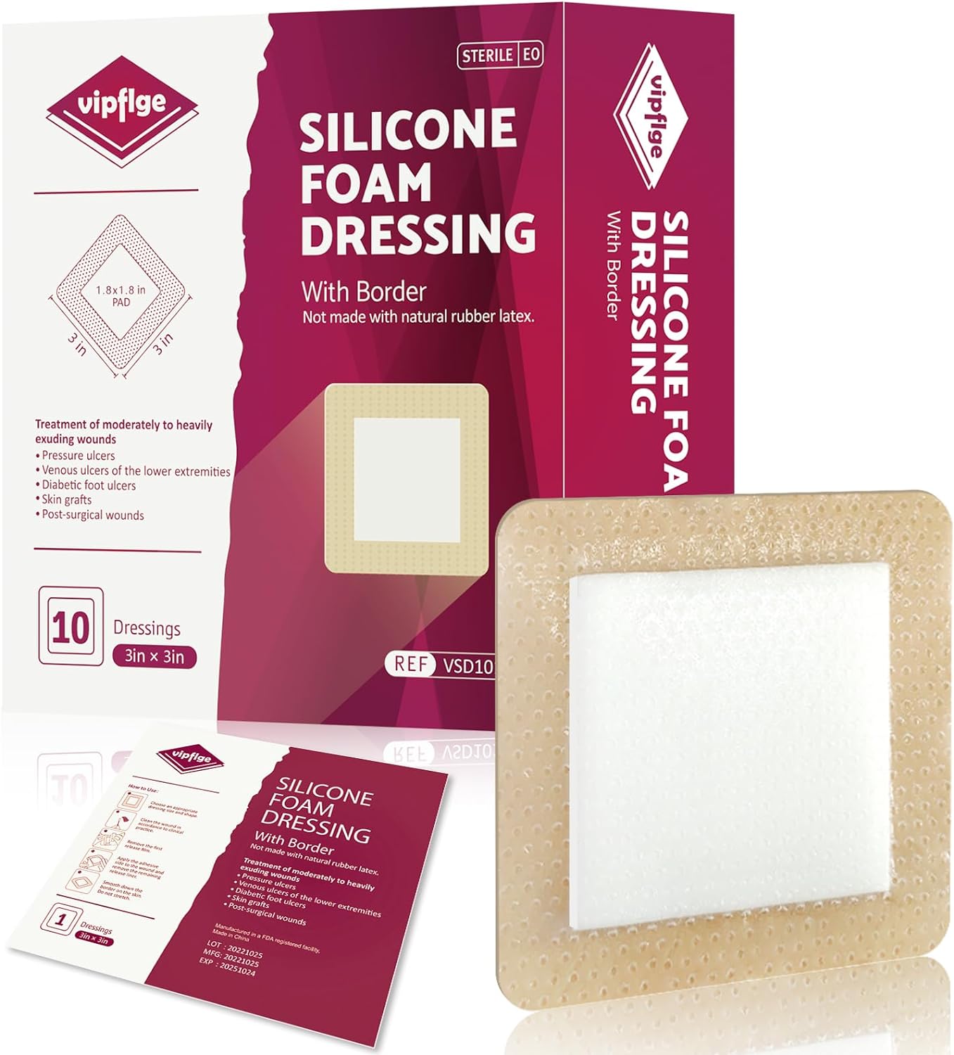 Silicone Foam Dressing 3x3 in Highly Absorbent Bed Sore Bandages with