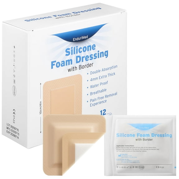 Silicone Foam Dressing 4x4 with Border Adhesive - 4mm Extra Thick Wound Dressing First Aid Bandage for Wound Care - 12 Pack