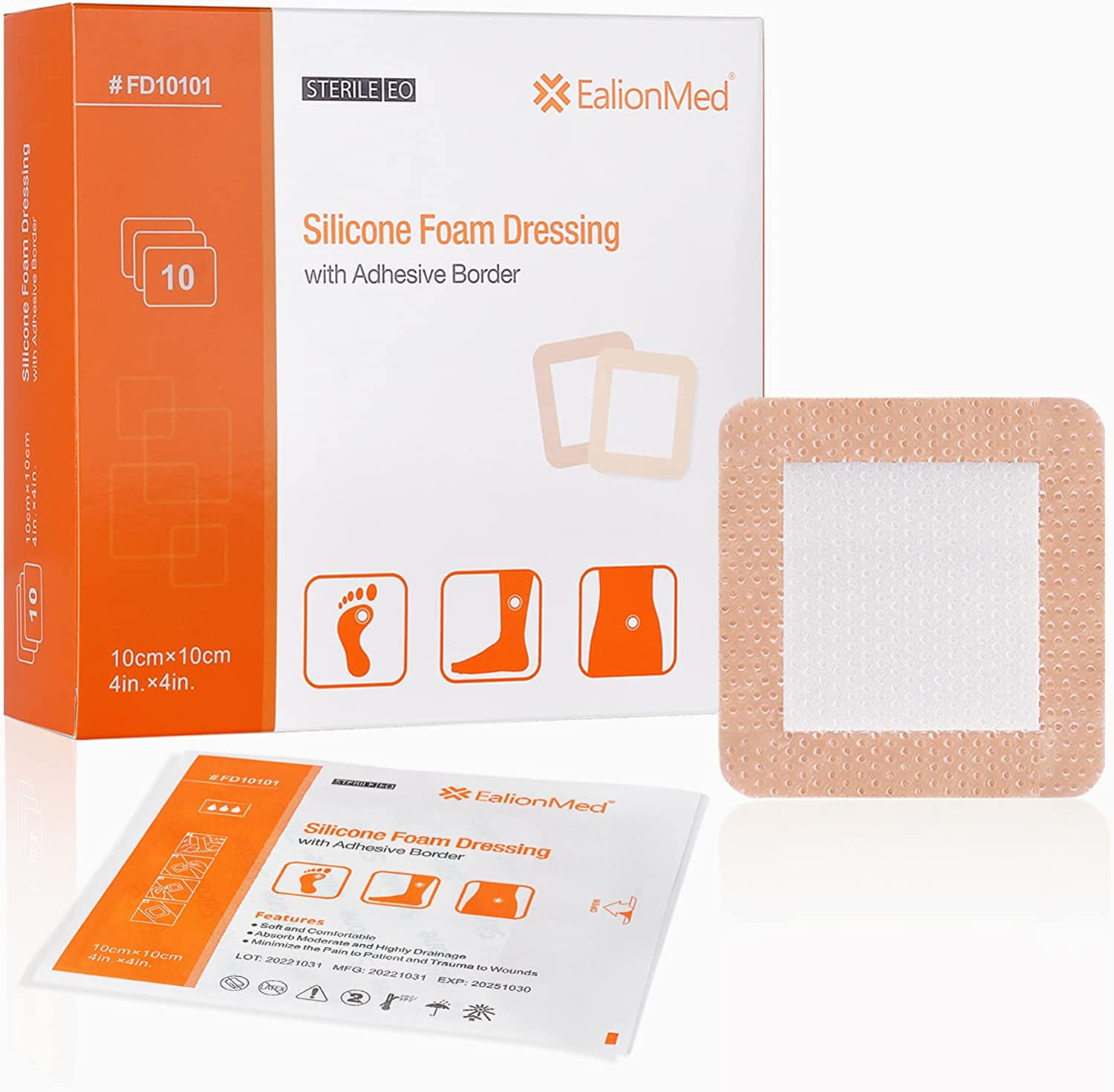 Silicone Foam Dressing with Gentle Adhesive Border 4''x4'', 10 Pack