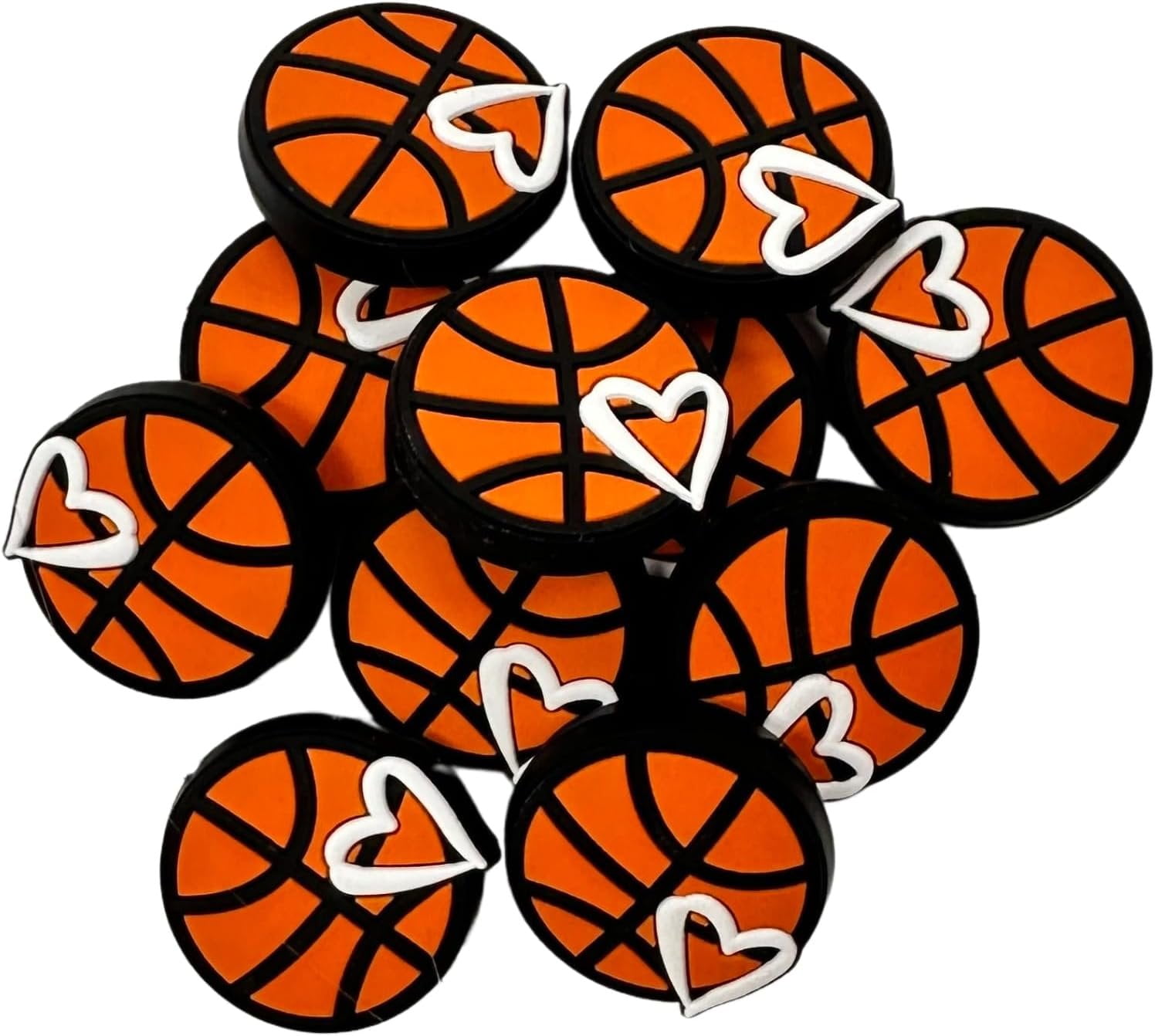 Silicone Focal Bead Basketball with Heart 12 pk Freshie Hangers for Pens Thread Bubble Gum Valentine Sports Themed Makeup Brush