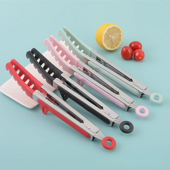Silicone Food Clip Tongs with Built-In Stand | Heat Resistant Ergonomic Non-Slip Grip | Hygienic Tip Design | Pasta Noodle Bread Grilling Utensil | 26 x 3.5 x 2 cm | Red Pink Green | 1 Piece