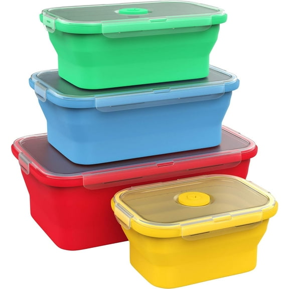 Silicone Food Storage Containers with BPA Free Airtight Plastic Lids - Set of 4 Small and Large Collapsible Meal Prep Container for Kitchen Lunch Boxes - Microwave and Freezer Safe