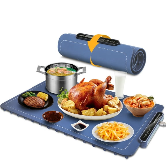Silicone Food Warming Mat, Full Surface Electric Warming Tray with 4 Temperature & Auto Shut-Off, Portable Food Heater for Gatherings, Kitchen, Everyday Use (Blue)
