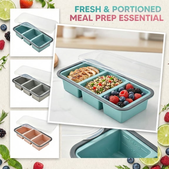 Silicone Freezer Molds Souper Cubes 3-Compartment Tray With Lid For Meal Prep