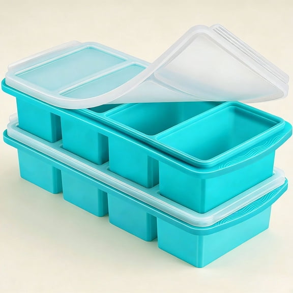 Silicone Freezer Tray with Lid - 1 Cup Silicone Food Freezer Tray - Large Ice Cube Freezer Molds - Soup, Sauce, leftovers, Homemade Meal Prep Freezing Kitchen Storage Containers - Aqua - 2-Pack