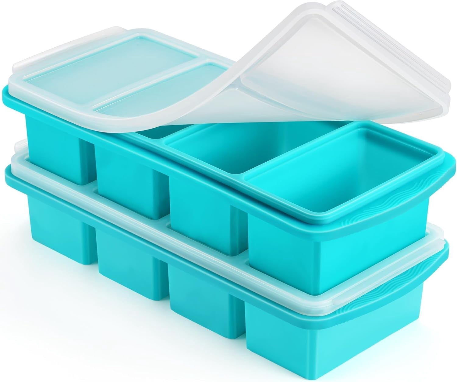 Silicone Freezer Tray with Lid - 1 Cup Silicone Food Freezer Tray - Large Ice Cube Freezer Molds - Soup, Sauce, leftovers, Homemade Meal Prep Freezing en Storage Containers - Aqua - 2-Pack