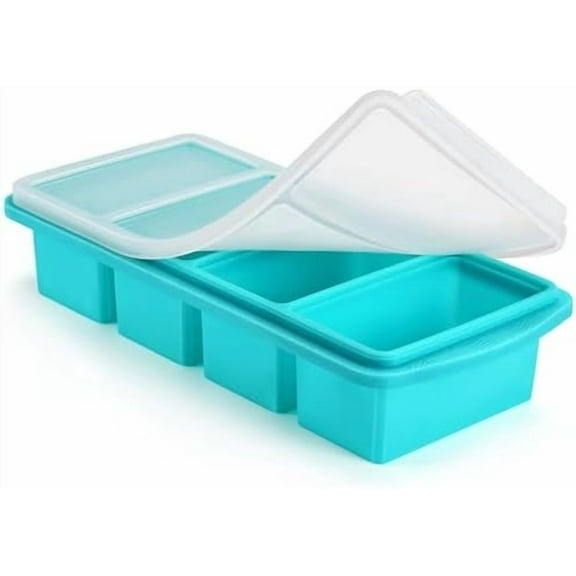 Silicone Freezer Tray with Lid - 1 Cup Silicone Food Tray - Large Ice Cube Freezer Molds - Soup, Sauce, leftovers, Homemade Meal Prep Freezing Kitchen Storage Containers - Aqua - 1-Pack