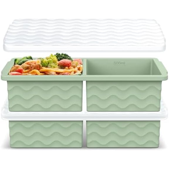 Silicone Freezer Tray with Lid – 2-Cup Soup Freezer Container Molds, Large Ice Cube Trays for Freezing Soup, Sauce & Broth, Meal Prep & Food Storage – Oven & Dishwasher Safe, 2-Pack green