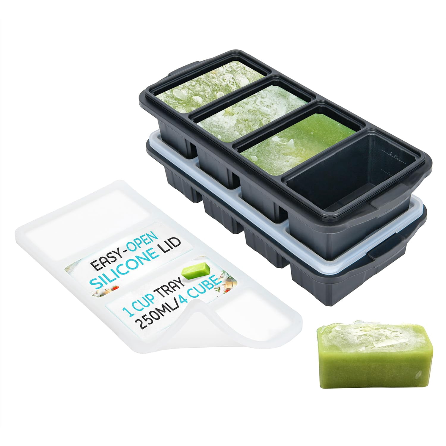 Silicone Freezer Tray With Lid - Soup Container Molds Large Ice Cube Tray- Makes 8 1 Cup Portions Cubes  2-pack Storage Food Soups & Meal Prep Oven Dishwasher -safe