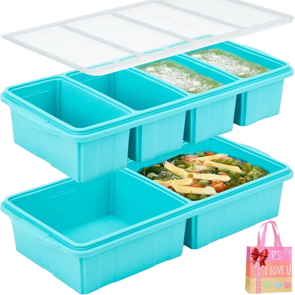 Silicone Freezer Tray With Lid-Soup Freezer Container molds-Large Ice Cube Tray Set Makes 1-Cup & 2-Cup portions cubes (2PCS, A+B)